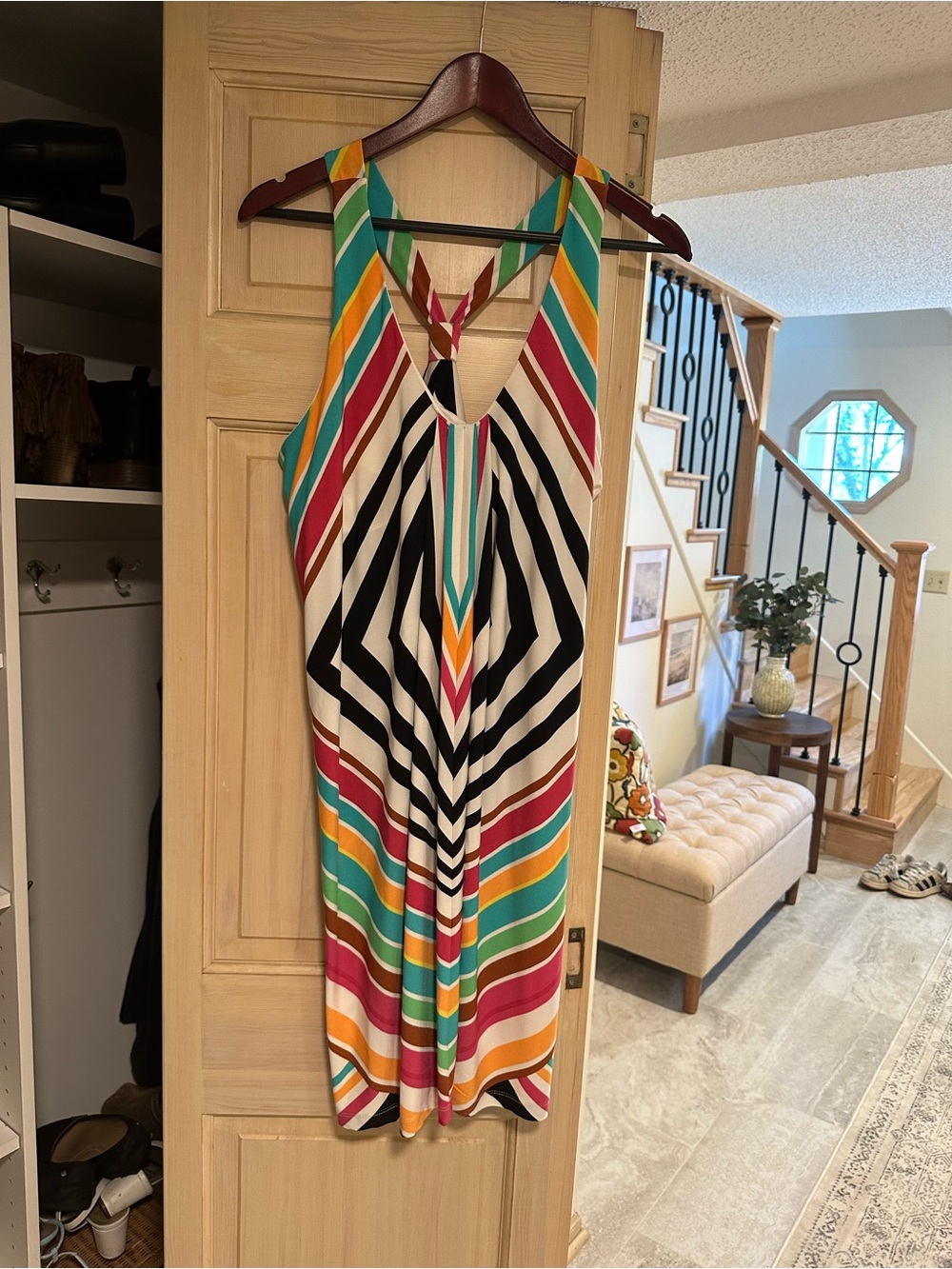 London Times Colorful Striped Halter Dress